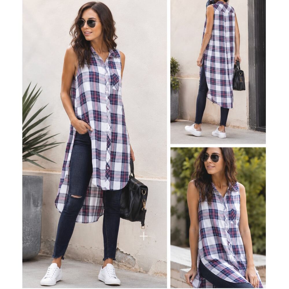 NWT Rails Sleeveless Plaid Tunic Dress Top High Low Hem Button Front Size M